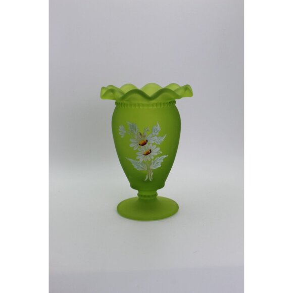 Westmoreland Frosted Green Satin Glass Pedestal Vase With Hand-Painted Floral De - Picture 1 of 7